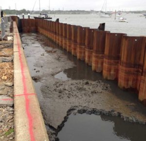 Soft marine silts entrapped between the new sheet pile wall and the old quay